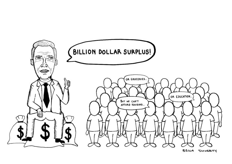 cartoon of politician with sacks with dollar signs on them with speech bubble stating "Billion dollar surplus!" to the right is a group of people with speech bubble stating "But we can't afford housing" "...Or groceries" "...Or education"