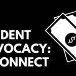 white text on black background "STUDENT ADVOCACY: EI CONNECT" with black and white dollar bills on the right of the text