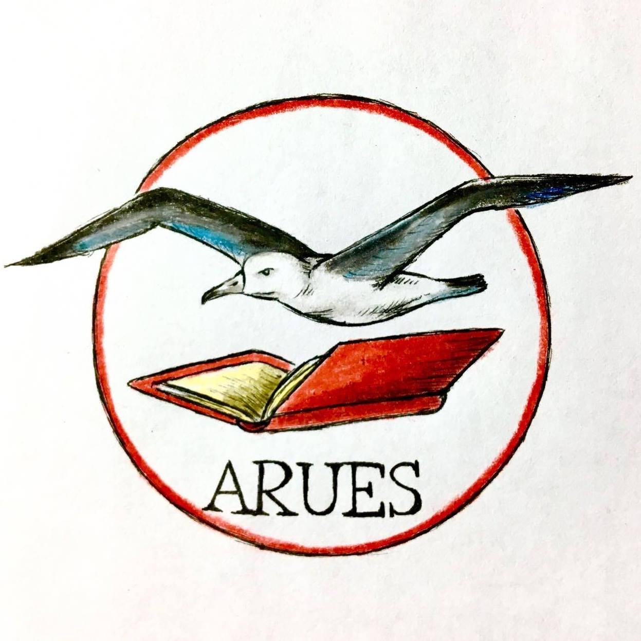 red circle on white background containing a large albatross above a red open book above the acronym "ARUES"