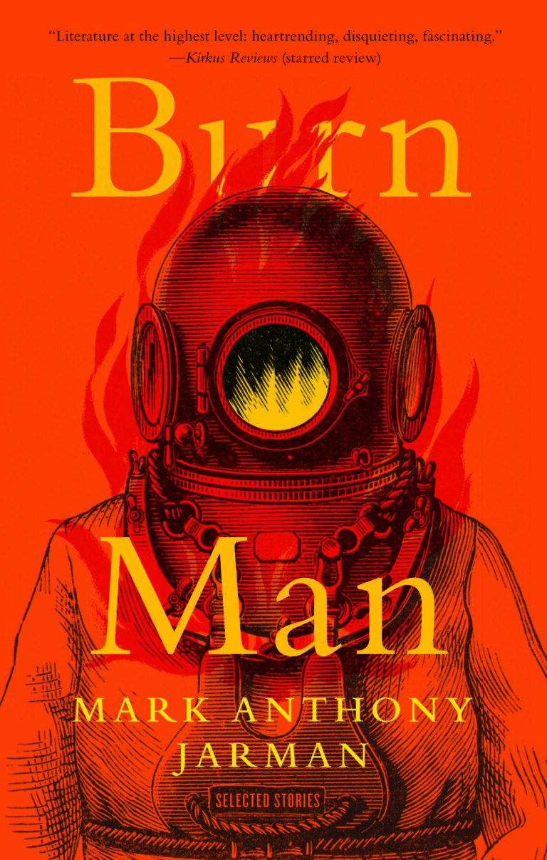 cover of Mark Jarman's book "Burn Man", cover is red with yellow text and depicts man in old school diving uniform with fire in his mask