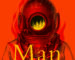 cover of Mark Jarman's book "Burn Man", cover is red with yellow text and depicts man in old school diving uniform with fire in his mask