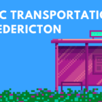 white text on blue background, "PUBLIC TRANSPORTATION IN FREDERICTON" above pink pixelated cartoon of bus stop