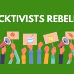 white text on green background "SNACKTIVISTS REBELLION" above many arms raised holding signs with pictures of food on them and bullhorns.