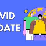 white text on purple background "COVID UPDATE" to the right of the text is a graphic of three people wearing masks in front of a globe with yellow germs floating