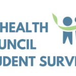 blue text on white background, "NB HEALTH COUNCIL STUDENT SURVEY" next to three blue human figures with a green ribbon running through them