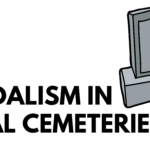 black text on white background "VANDALISM IN LOCAL CEMETERIES" to the right of text is a gray tombstone