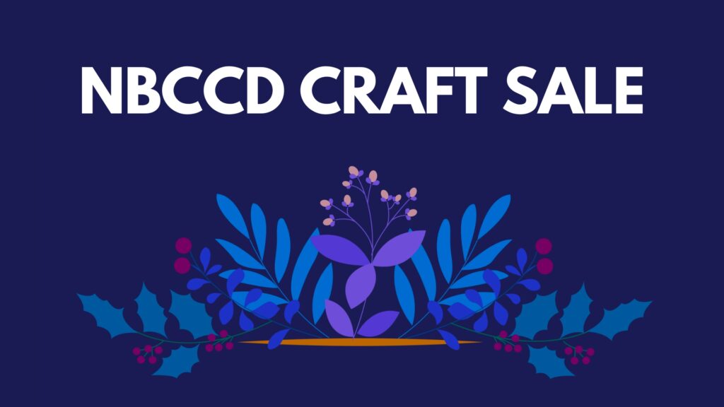 white text on navy background "NBCCD CRAFT SALE" below text is a blue and purple floral arrangement