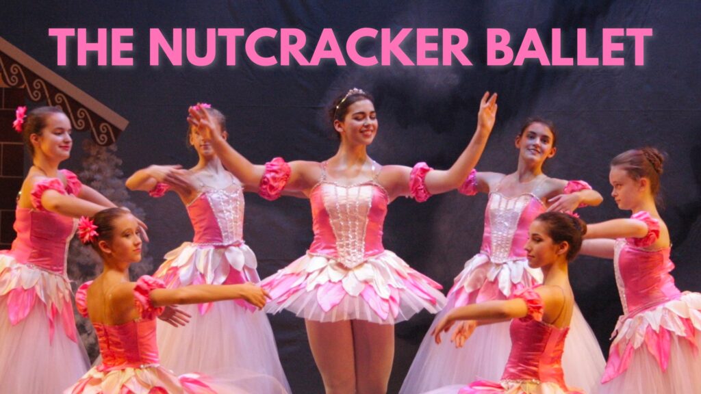 pink text "THE NUTCRACKER BALLET" on image of 7 ballerinas in pink tutus.