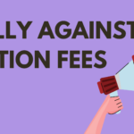 black text on purple background "RALLY AGAINST TUITION FEES" above cartoon of an outstretched arm holding a megaphone