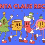 red text on purple background "SANTA CLAUS RECAP" above cartoon tree, mug, stocking, and ornament.