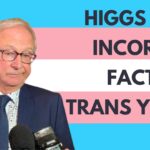 black text on trans pride flag background "HIGGS CITES INCORRECT FACTS ON TRANS YOUTH" next to image of Premier Blaine Higgs
