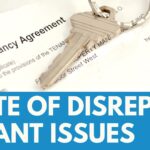 white text on blue background "STATE OF DISREPAIR: TENANT ISSUES" belwo and image of a key on a Tenancy Agreement document