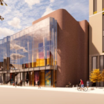 digitally generated image of the proposed building to replace the Fredericton Playhouse, it is a modern looking building with the front entirely encased in glass