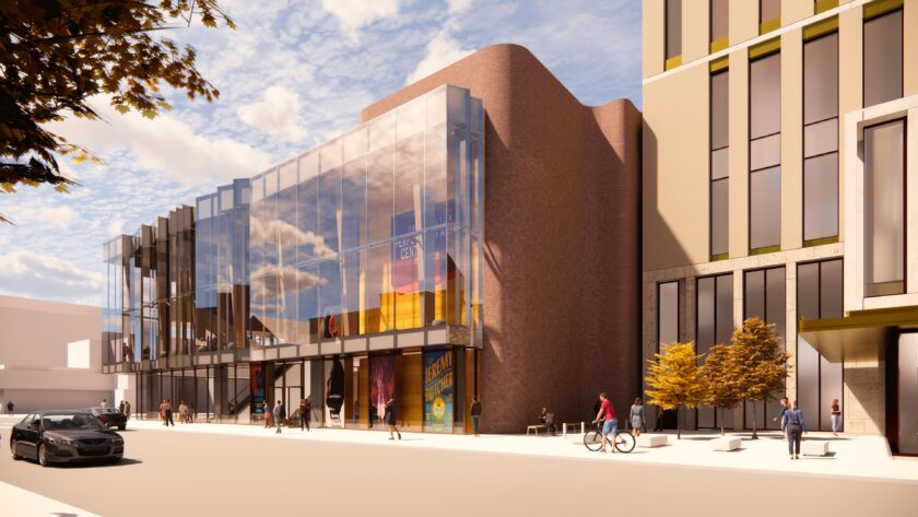 digitally generated image of the proposed building to replace the Fredericton Playhouse, it is a modern looking building with the front entirely encased in glass