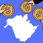 white outline of New Brunswick on purple background with three arms outstretched holding gold coins
