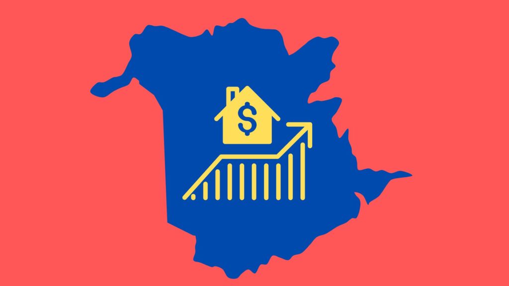 blue silhouette of New Brunswick with graph arrow increasing below a silhouette of a house with a money symbol on it