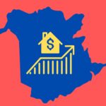 blue silhouette of New Brunswick with graph arrow increasing below a silhouette of a house with a money symbol on it