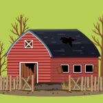 image of an abandoned red barn on a green background