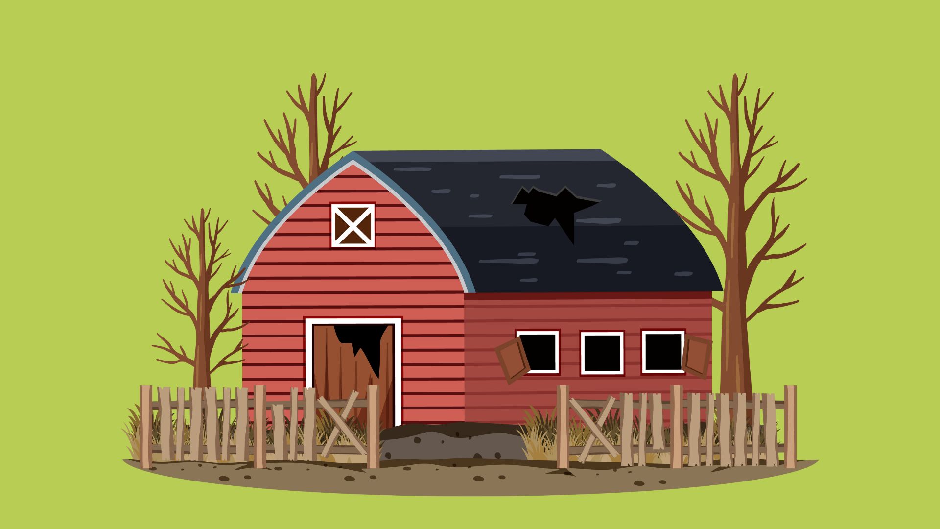 image of an abandoned red barn on a green background