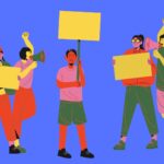 animated people holding blank signs on a purple background