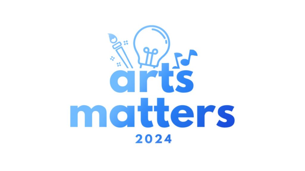 blue text on white background "arts matters 2024" with outline of paintbrush, lightbulb, and music notes