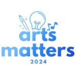 blue text on white background "arts matters 2024" with outline of paintbrush, lightbulb, and music notes