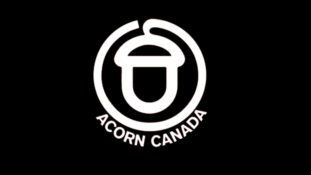 ACORN Canada logo, white outline of acorn in a white circle on black background