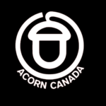 ACORN Canada logo, white outline of acorn in a white circle on black background