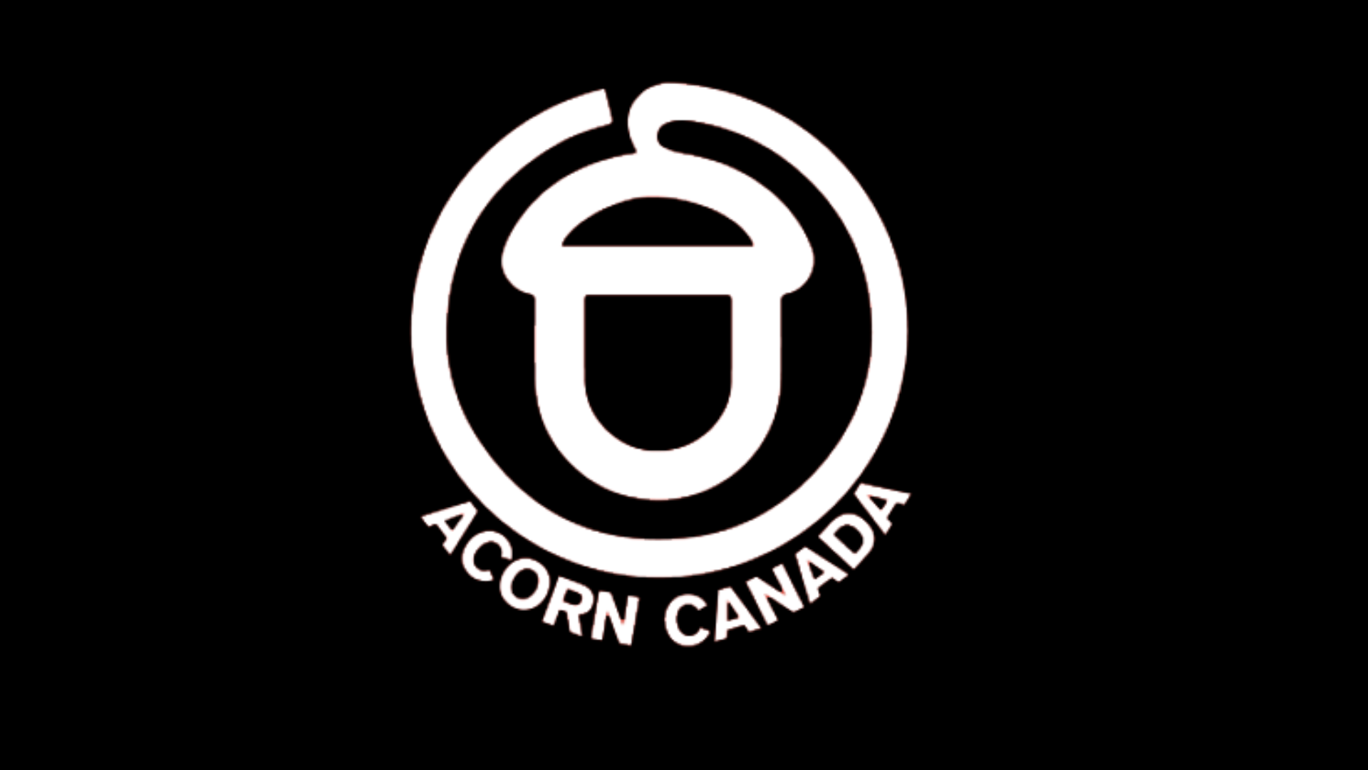ACORN Canada logo, white outline of acorn in a white circle on black background