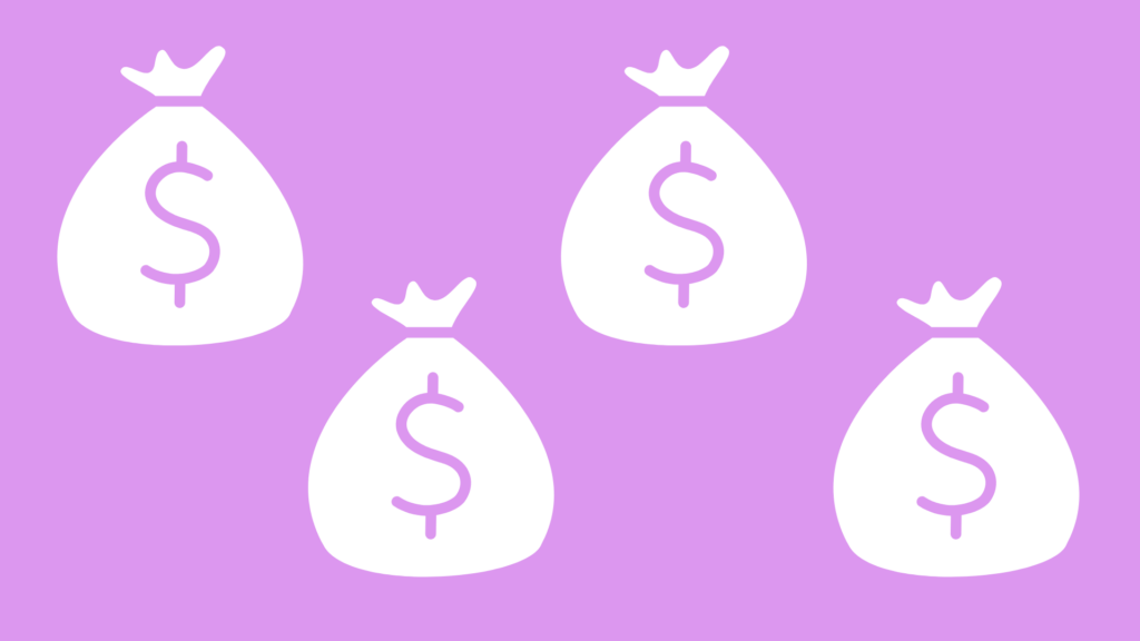 white sacks with dollar signs on them on a bright pink background