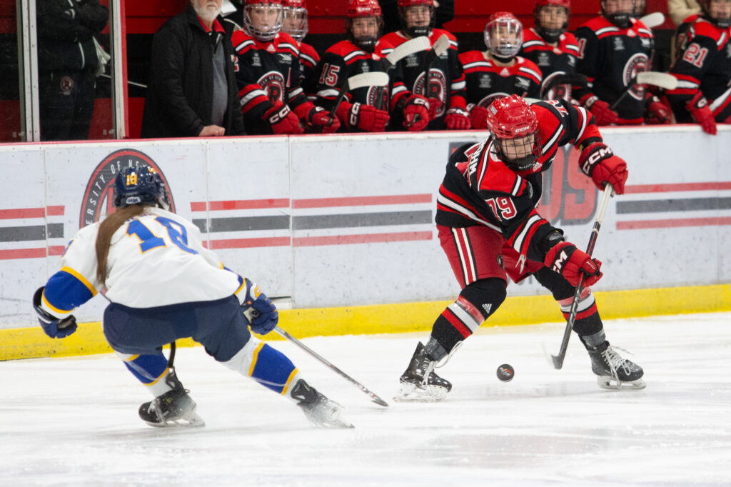 UNB’s Rylee Strohm controls the puck at the blue line during Saturday’s 2-1 win over Moncton in the opening game of their AUS semi-final series.